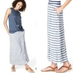 J. Jill Love Linen Blue White Stripe Button Skirt
